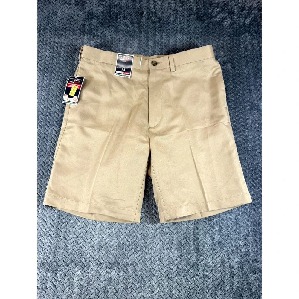 Roundtree & Yorke Travelsmart Chino Shorts Mens 34 Beige Flat Front Classic Fit